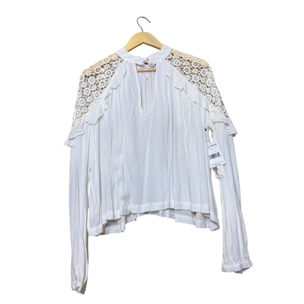 Free People White Crochet Lace Ruffle Long Sleeve Blouse Top  M‎